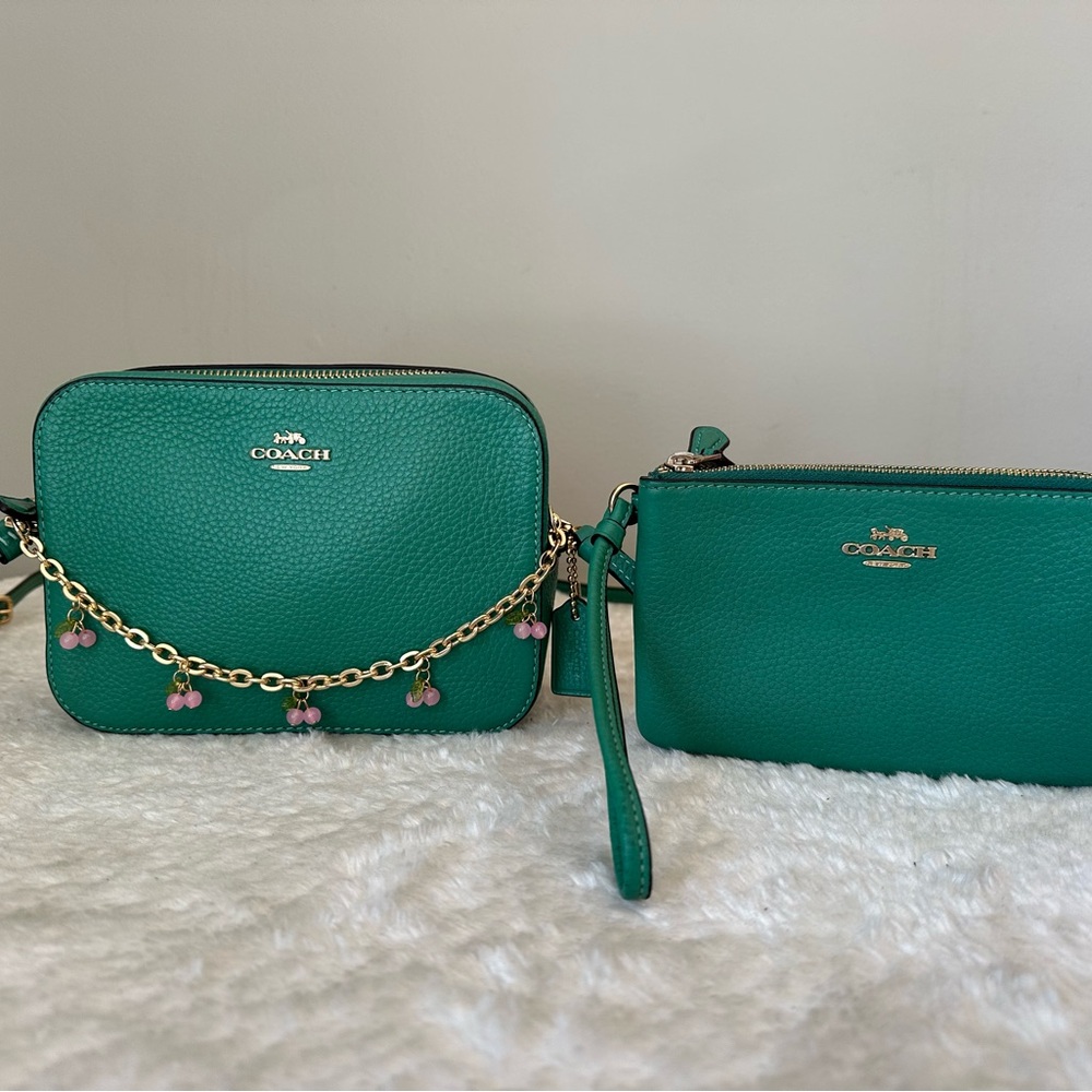 Coach green Crossbody Bag with wallet and cherry chain charm